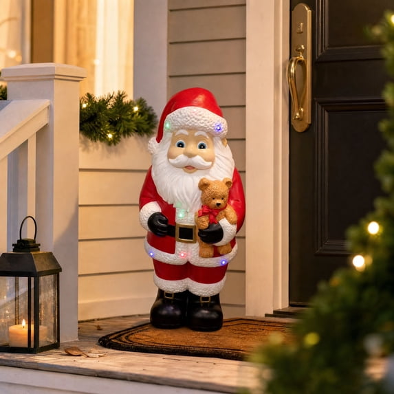 Clearance! Christmas Decorations, Lighted Santa Claus Resin Figurine Holding Teddy Bear, Color LED Holiday Statue for Tabletop Mantel Covered Porch Home Christmas Gift,7.87"