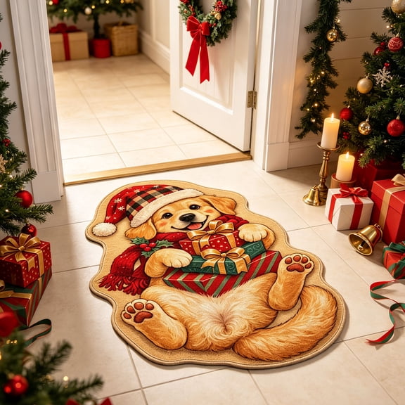 Clearance! Christmas Dog Shaped Area Rug, Cute Golden Retriever Dog with Santa Hat Holding Gift Boxes Non Slip Velvet Floor Mat, Soft Indoor Carpet for Bedroom Living Room Holiday Decor Gift