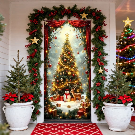 Clearance Christmas Door Cover, 35" x 70" Christmas Tree Door Curtain, Christmas Decoration Gift for Front Door, Porch, Party (A)