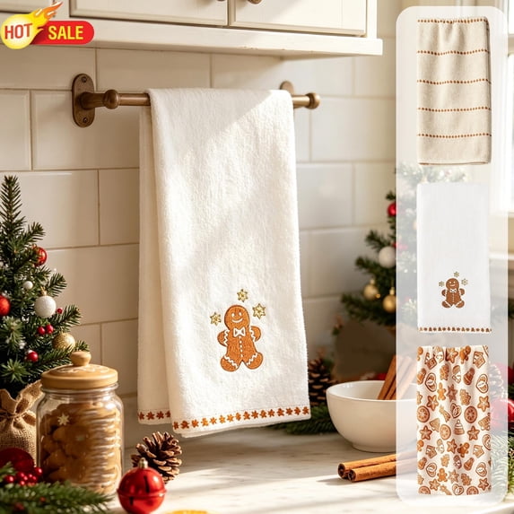 Clearance! Christmas Gingerbread Pattern Kitchen Towel, Absorbent Decorative Hand Dish Towel 24x16in, Holiday Xmas Tea Towel for Cooking Baking, Home Kitchen Decor & Christmas Gift