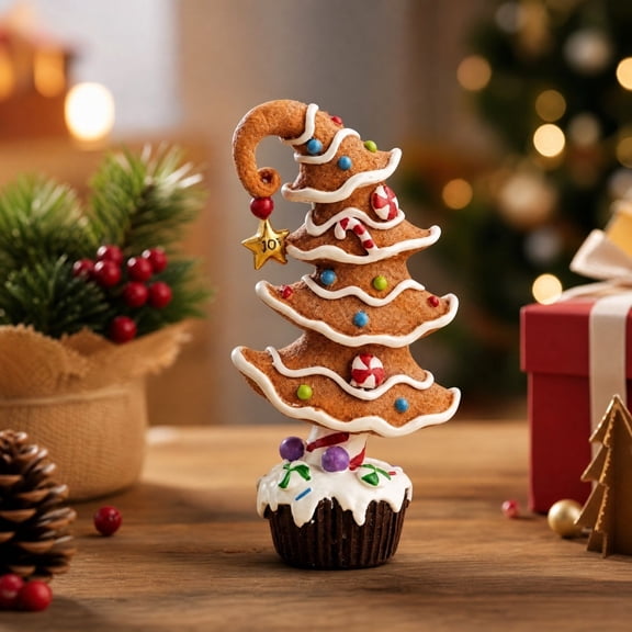 Clearance! Christmas Gingerbread Tree Tabletop Decoration Cute Cupcake Base Resin Christmas Figurine With Candy Cane And Star Ornament Holiday Desktop Centerpiece