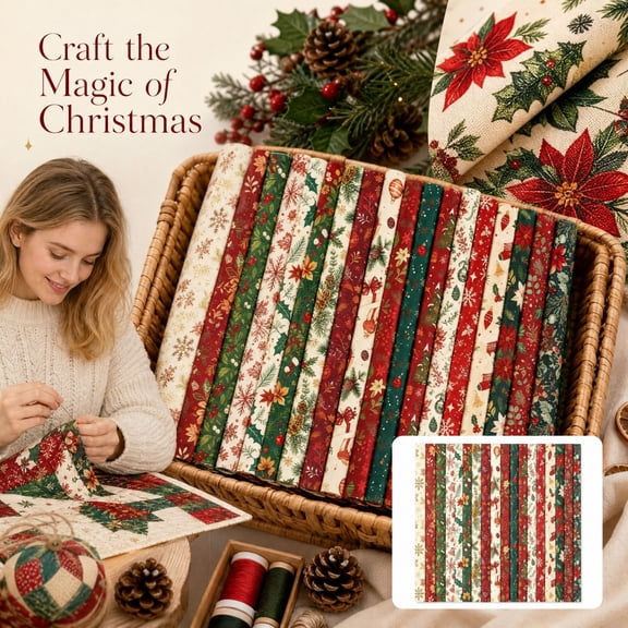 Clearance ! Christmas Jelly Roll Fabric For Quilting Patchwork DIY Sewing Crafts, Xmas Poinsettia Plaid Printed Fabric Strips, Holiday Cotton Fabric Bundle