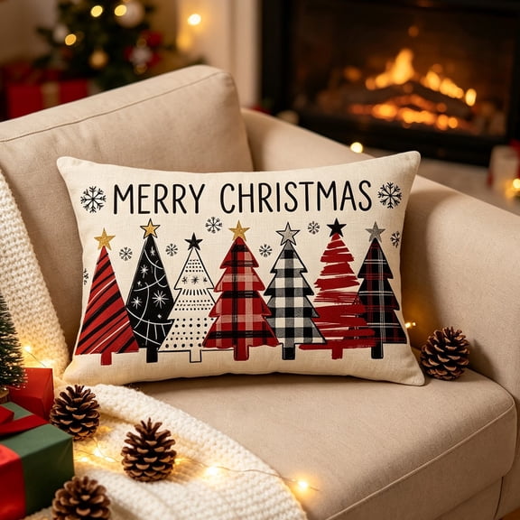 Clearance!Christmas Lumbar Throw Pillow Cover 20x12in, Plaid Christmas Tree Snowflake Merry Christmas Print Decorative Cushion Case, Pillow Cases for Sofa Couch Bedroom Indoor Home Christmas Decor