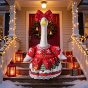 OAVQHLG3B 23inch Porch Goose Christmas Outfits, Christmas Tree Reindeer Print Dress with Big Red Bow, Holiday Lawn Goose Outfit Clothes