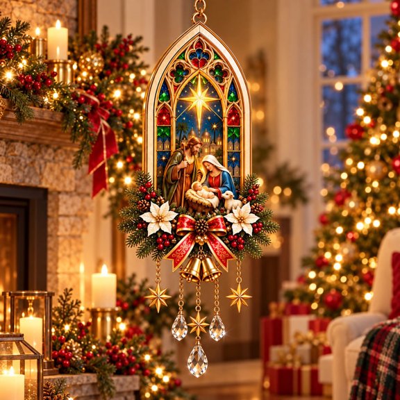 Clearance!Christmas Nativity Wind Chime Hanging Ornaments, Stained Glass Style Holy Family Christmas Decor with Bells Crystal Star Pendants, Lighted Religious Window Wall Christmas Decorations Indoor