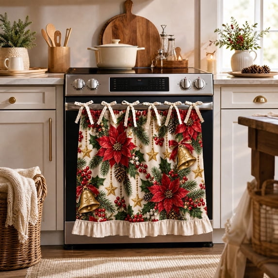 Clearance Christmas Oven Skirt Plaid Kitchen Decor Door Cover Curtain Ruffle Farmhouse Baking Tie Top Ribbon Ruffled Rustic Holiday Vintage Dishwasher Stove Ornament Adjustable