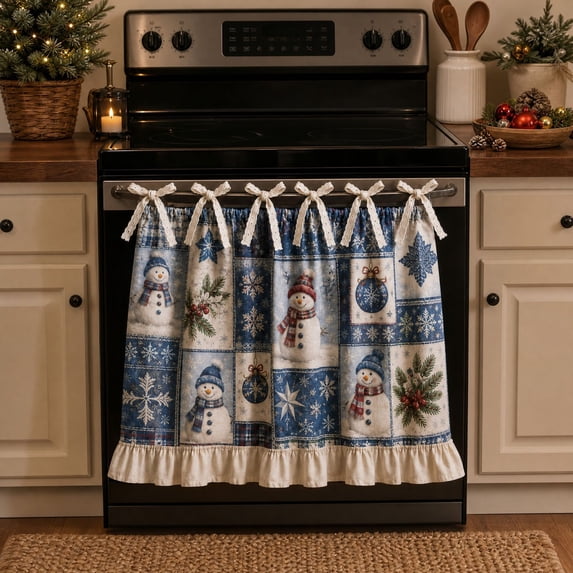 Clearance Christmas Oven Skirt Plaid Kitchen Decor Door Cover Curtain Ruffle Farmhouse Baking Tie Top Ribbon Ruffled Rustic Holiday Vintage Dishwasher Stove Ornament Adjustable