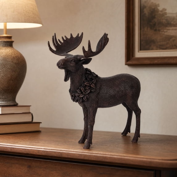 Clearance! Christmas Resin Standing Moose Figurine with Wreath Collar, Brown Tabletop Decor for Mantel Shelf Entryway, 6in