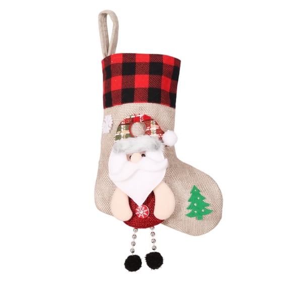 Clearance! Christmas Stocking Gift Bag Burlap Style Hanging Fireplace Stocking with Plaid Cuff Santa Doll Applique for Holiday Decor