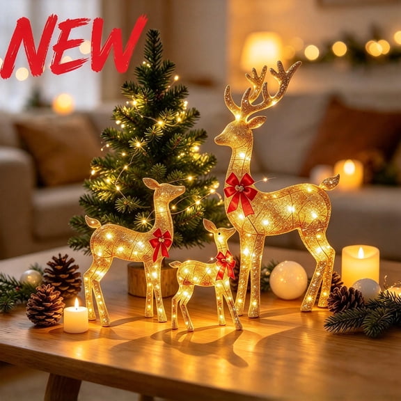 Clearance! Christmas Tabletop Decorations, 3 Piece 2D Lighted Christmas Deer Family Set, Reindeer Holiday Decoration with LED Lights, Indoor Outdoor Xmas Party Decor, Christmas Ornaments