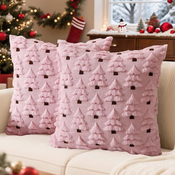 Clearance! Christmas Tree Decorative Throw Pillow Covers 18x18 Inch | Set of 2 Throw Pillow Cases, Soft Plush Cushion Covers, Xmas Home Decor Winter Holiday.Pink