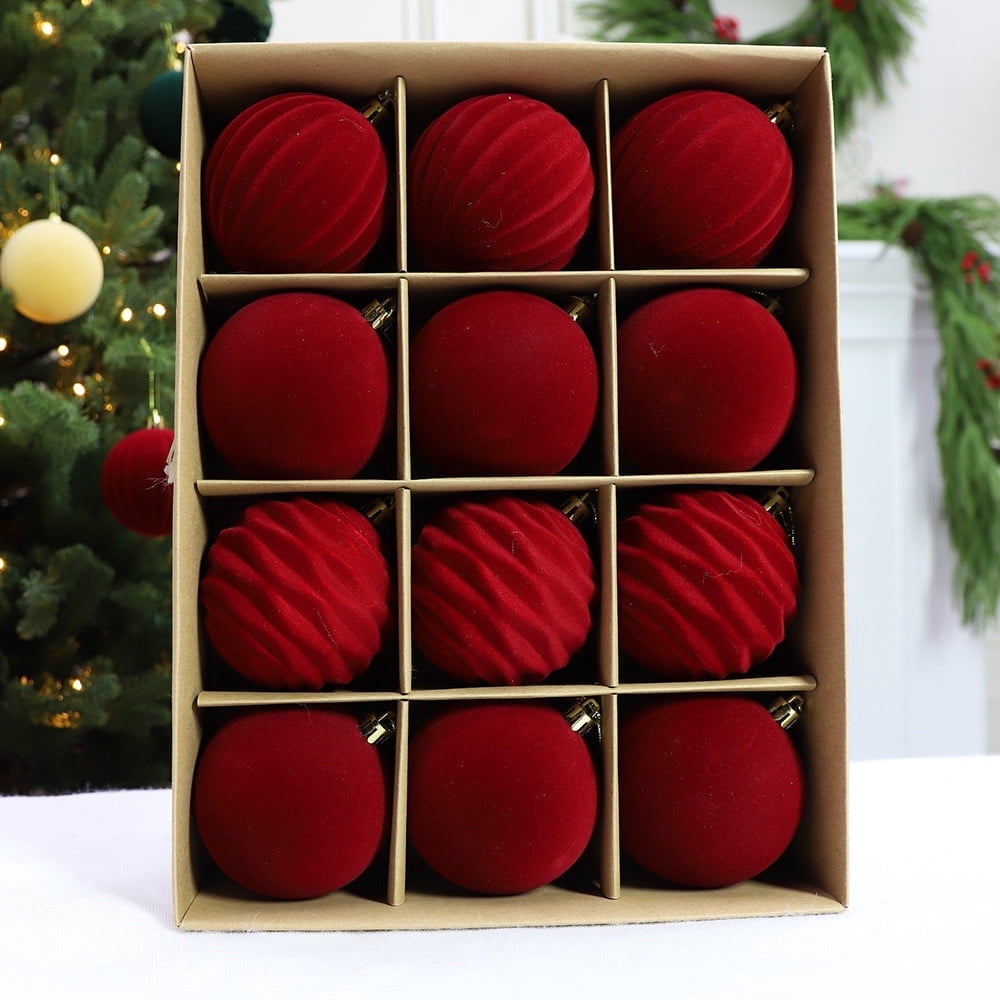 Clearance!Christmas Tree Ornaments Velvet Balls - Pack of 12pcs Shatterproof Xmas Bulbs Decorations Set - Multicolor Red Brown Neutral, 60mm 2.4 inch