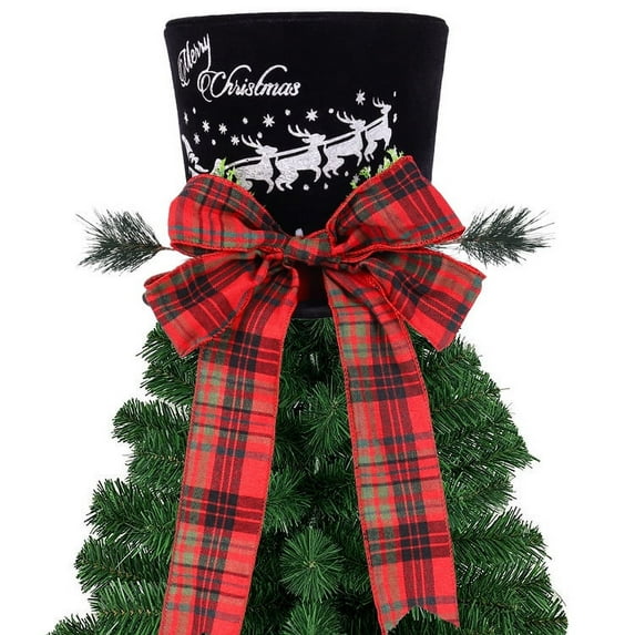 Clearance!!!Christmas Tree Topper Hat,Buffalo Plaid Decorative Bow Velvet Hat Topper,Black and Red Ornament Christmas Tree Top,Xmas Topper,Rustic Farmhouse Winter Xmas Decorations Home Decor,Gifts