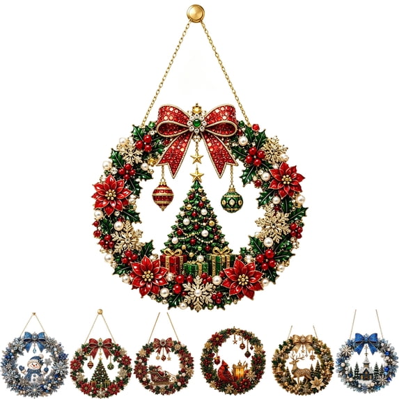 Clearance! Christmas Tree Wreath Diamond Art Hanging Kit for Adults, DIY Red Bow Suncatcher Craft, Special Shaped Rhinestone Window Pendant, Home Wall Christmas Holiday Decor