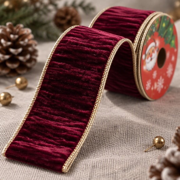 Clearance Christmas Wired Velvet Ribbon, Crinkled Texture with Gold Edge for Tree Wreath Present Wrapping(A)