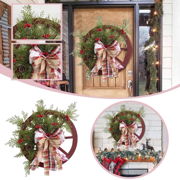 Clearance Christmas Wooden Wheel Wreath, Upside Down Tree Decoration for Front Door, Watermelon Red