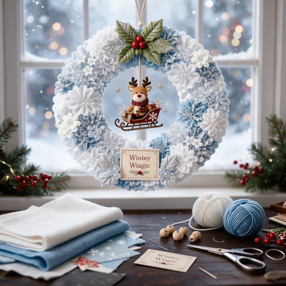 Clearance Christmas Wreath Making Kit for Adults, 3D Fabric Poke Art Kit Craft, Handmade Hanging Decoration for Front Door Wall Home