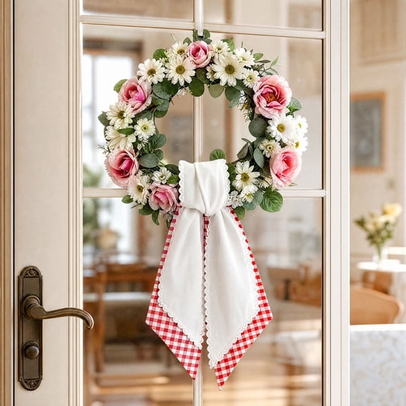 Clearance! Christmas Wreath Sash, Red Gingham Reversible Ribbon, White Lace Trim Fabric Bow, Front Door Spring Floral Decor