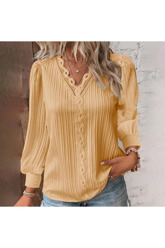 Shirts for Women Womens Tops Lace V Neck T Shirts Long Sleeves Blouse Loose Casual T Shirts Tops for Women Trendy Fall Outfits for Women 2024 Yellow L