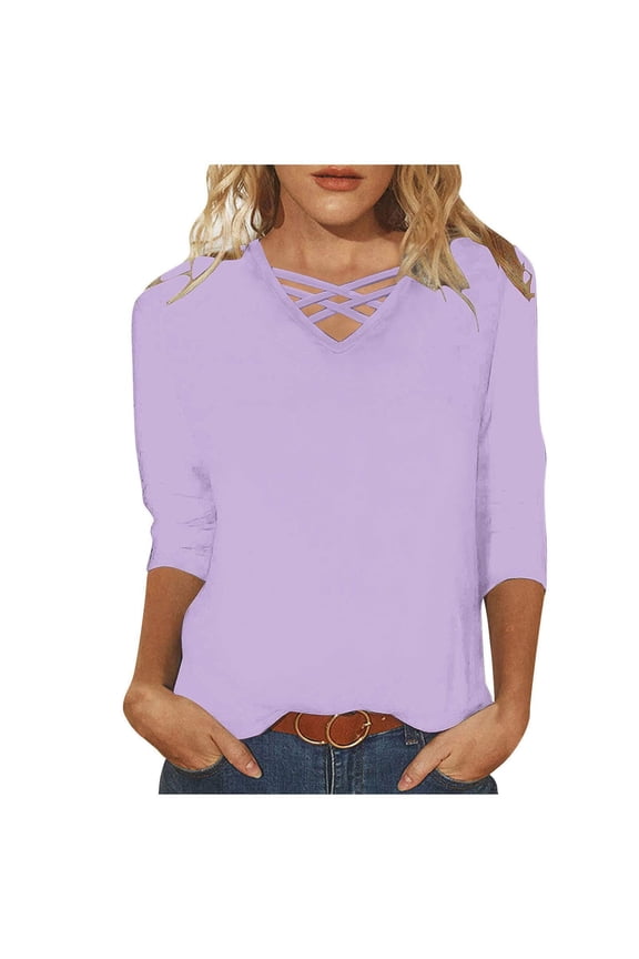Women'S T-Shirts 3/4 Length Sleeve Womens Tops Summer V Neck Blouses Trendy Stripe Gradient Shirts Casual Loose Tees Casual Tops for Women Tops for Women Trendy Purple 5Xl