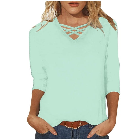 Chuancc Women'S T-Shirts 3/4 Length Sleeve Womens Tops Summer V Neck Blouses Trendy Stripe Gradient Shirts Casual Loose Tees Casual Tops for Women Tops for Women Trendy Mint Green 5Xl