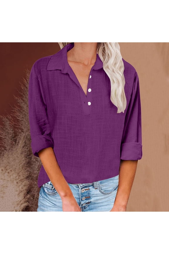 Women'S T-Shirts Cotton Linen Shirts for Women 2024 Trendy Button Up Long Sleeve Fall Tops Casual Vacation Lapel V Neck Blouse Tshirt Casual Tops for Women Tops for Women Trendy