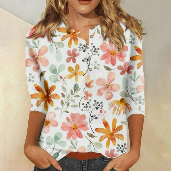 Chuancc Women'S T-Shirts Women'S Fashion Button 3/4 Long Sleeve Floral Print T Shirt Shirt Top Casual Tops for Women Tops for Women Trendy Orange 2Xl