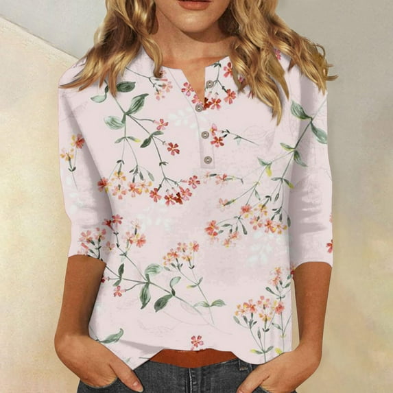 Chuancc Women'S T-Shirts Women'S Fashion Button 3/4 Long Sleeve Floral Print T Shirt Shirt Top Casual Tops for Women Tops for Women Trendy Pink 2Xl