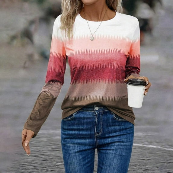 Chuancc Women'S T-Shirts Women'S T Shirt with Color Blocking Printing Daily Casual Long Sleeved Round Neck Spring and Autumn Casual Tops for Women Tops for Women Trendy Red 2Xl