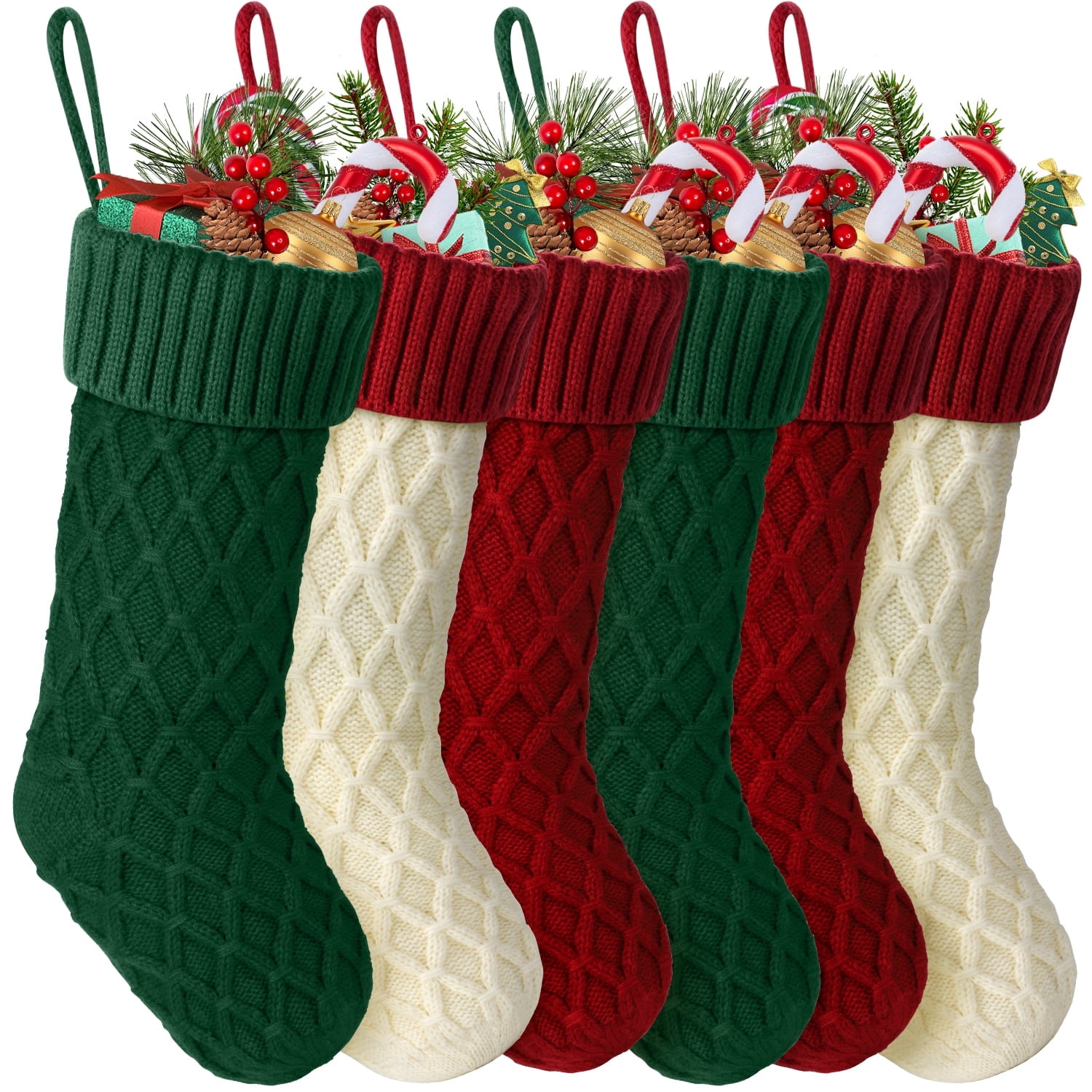 Set of 6 Burgundy, Ivory, and Green Knit Christmas Stockings