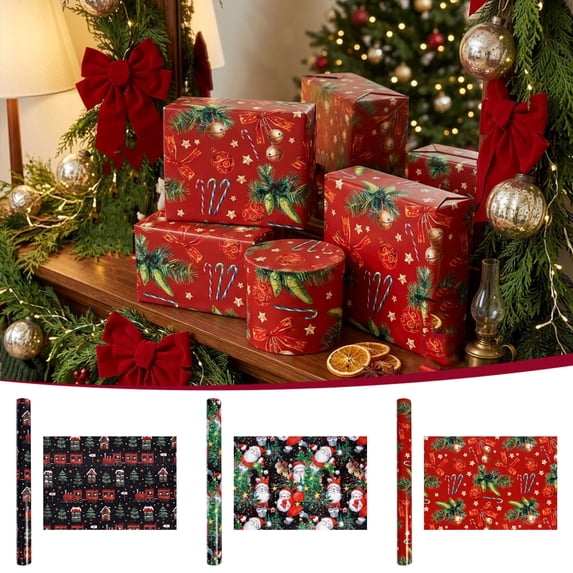 Clearance! Classic Red Christmas Wrapping Paper Roll, 17" x 118" Holiday Gift Wrap with Candy Canes, Jingle Bells & Tree Pattern for Xmas Presents