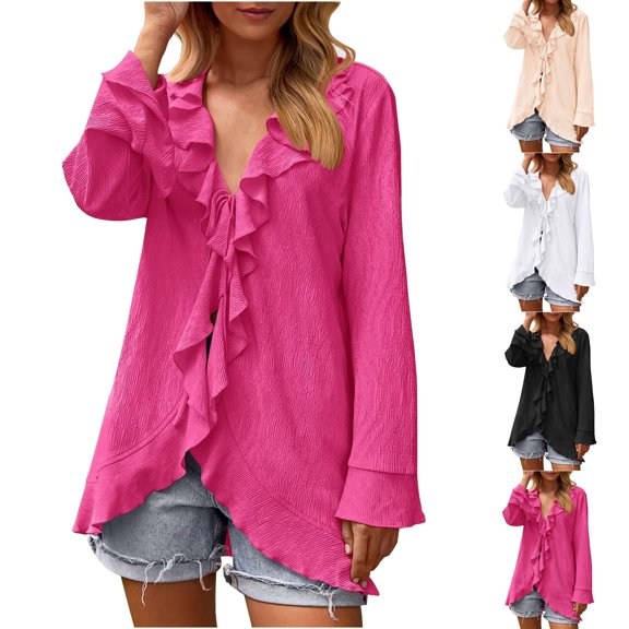 Rciityk Women's Long Sleeve Cardigan Casual Ruffle V-neck Tie Solid Cardigan Fall Lightweight Open Front Cardigan
