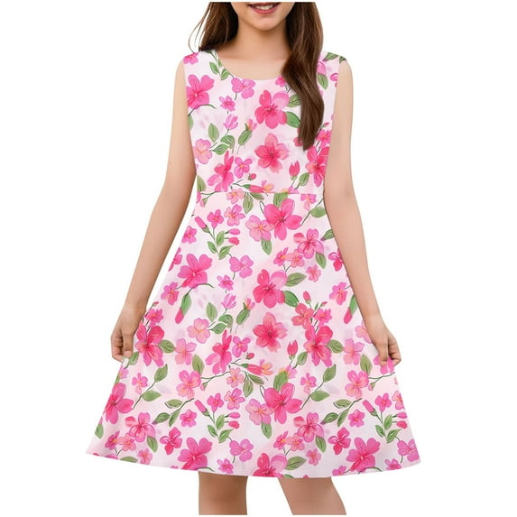 Abomasnow Toddler Girls Summer Dresses Boho Floral Print Sleeveless Tutu Dress A Line Crew Neck Swing Flowy Midi Dress 4-14 Years