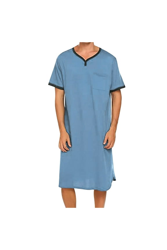Men's Nightshirt V Neck Short Sleeve Nightgown Soft Loose Pajama Sleep Shirt Sleepwear Comfy Cotton Nightwear with Pocket, L-XXXL