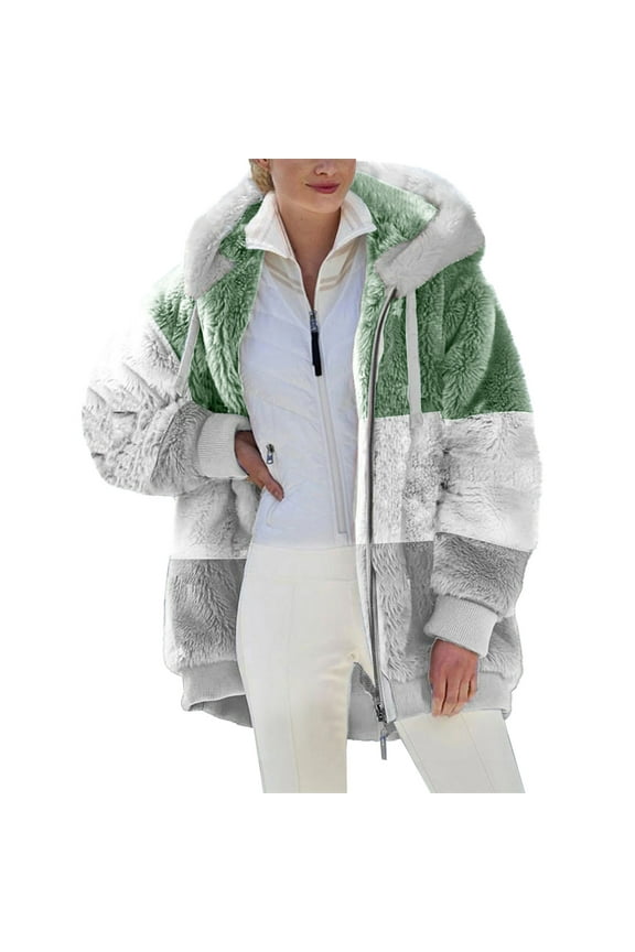 Drawstring Hooded Winter Coats Shacket Jacket Women Tops Zip Up Warm Loose Thickening Plush Fall Fashion Striped Long Sleeve Sueras Mujer Green XXXXXL
