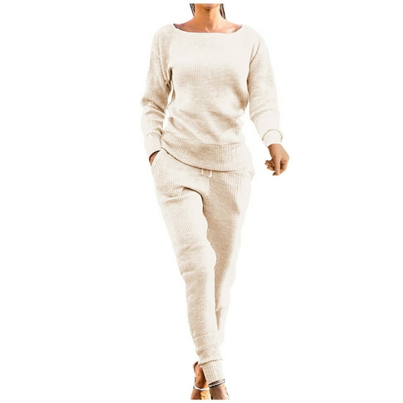 Clearance Clothes Under $5.00 ! BVnarty Sportswear Suit for Women Loose Square Neck Long Sleeve Daily Tracksuits Fashion Fall Winter Long Trousers Solid Color Comfy Lounge Casual Pocket Beige L