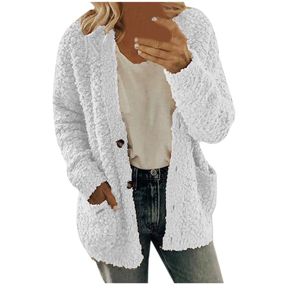 BVnarty Women'S Loose Casual Winter Coat Plus Size Plush Sweater Solid Color Warm Outerwear Button Down Pockets Long Sleeve Cardigan White XL