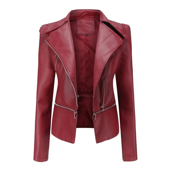 BVnarty Women's Jacket Coat Solid Color Plus Size Shacket Jacket Casual Lapel Long Sleeve Zipper Leather Motor Jacket Cropped Tops Winter Fashion Top Lightweight Red L