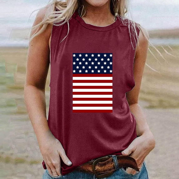 Clearance Clothes under $5.00 GaThRRgYP Plus Size Tops for Women,Women's Sleeveless Round Neck Ruffle Top,Women's Independence Day Printed Round-neck Tank Tops Loose Tops Wine M