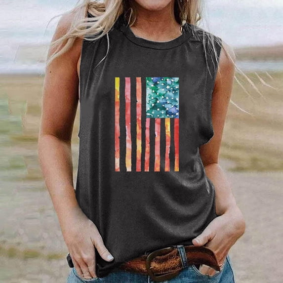 Clearance Clothes under $5.00 GaThRRgYP Spring Tops for Women 2025,Women's Sleeveless Round Neck Blouse,Women's Independence Day Printed Round-neck Tank Tops Loose Tops Dark Gray M