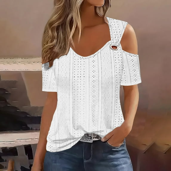 Black and Friday Discounted Items under $5 GaThRRgYP Tops for Women Trendy,2025 Women's Fashion Casual Solid Color Eyelet Embroidery Shoulder Leakage Short Sleeve Pullover Short Sleeve Top White S