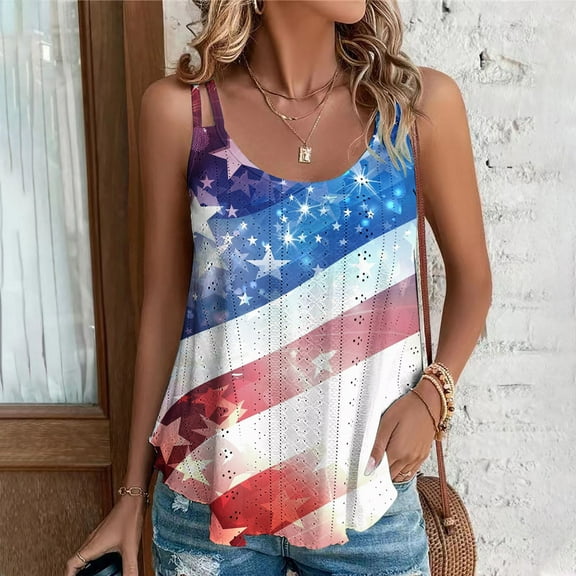 GaThRRgYP Women's Sleeveless Round Neck Off-Shoulder Top,2025 Women's Spring and Summer New Tank Eyelet Embroidery Neck Independence Day Print Casual Fashion Top Red XL