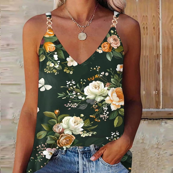 Clearance Clothes under $5.00 GaThRRgYP Womens Plus Size Tops Clearance,Women's Summer Casual Sleeveless Floral Printing Blouse V-Neck T-Shirt Multicolor XL