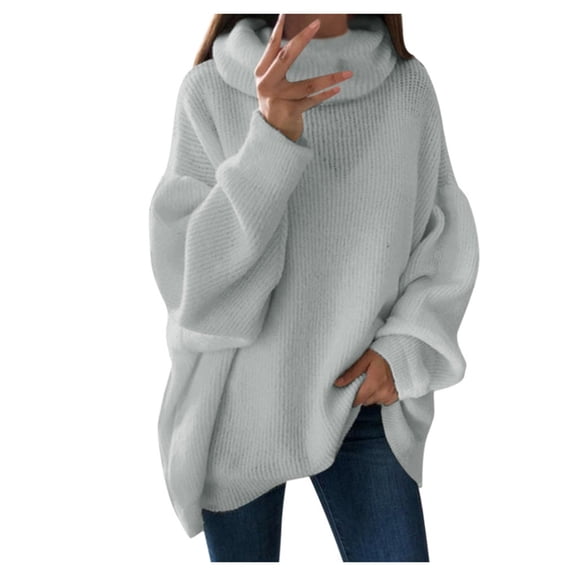 Clothes Sweaters for Women Solid Turtleneck Long Drop Shoulder Sleeve Fashion Loose Casual Knitted Top Fall Winter Pullover Sweater Knitting Jumper Oversized Sweaters Gray L
