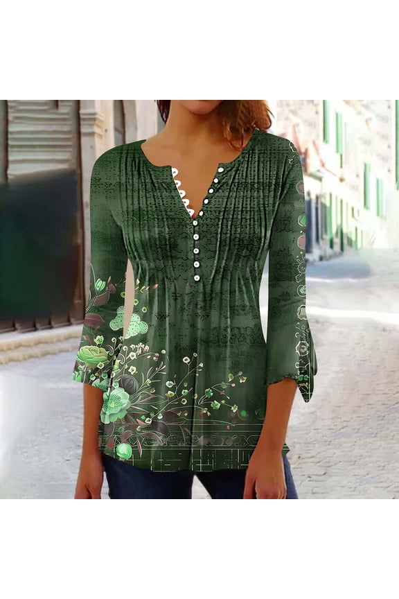 Clothes Women 3/4 Length Sleeve Womens Tops Button Down V Neck T Shirts Floral Summer Tunic Ladies Tops Elegant Dressy Casual Blouses Fashion Vacation Tee Shirts Ropa Mujer