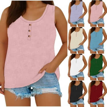 Clearance Clothes Under $5 Mrasaso Womens Summer Tops Plus Size Tank Tops for Women Loose Fit Scoop Neck Sleeveless Summer Fashion Textured Tops with Button Deocr Casual Blouses
