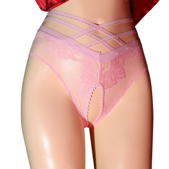 Clearance Clothes Under $5 TMOYZQ High Waist Crotchless Panties for Women, Sheer Mesh Floral Lace Cheeky Underwear Criss Cross Strap Breathable Seamless Underwear Bikini Panties Briefs