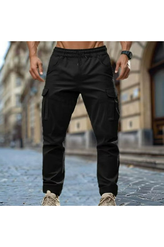 Clothes Men Solid Color Casual Fashion Vintage Drawstring Pockets Workwear Pants Black S