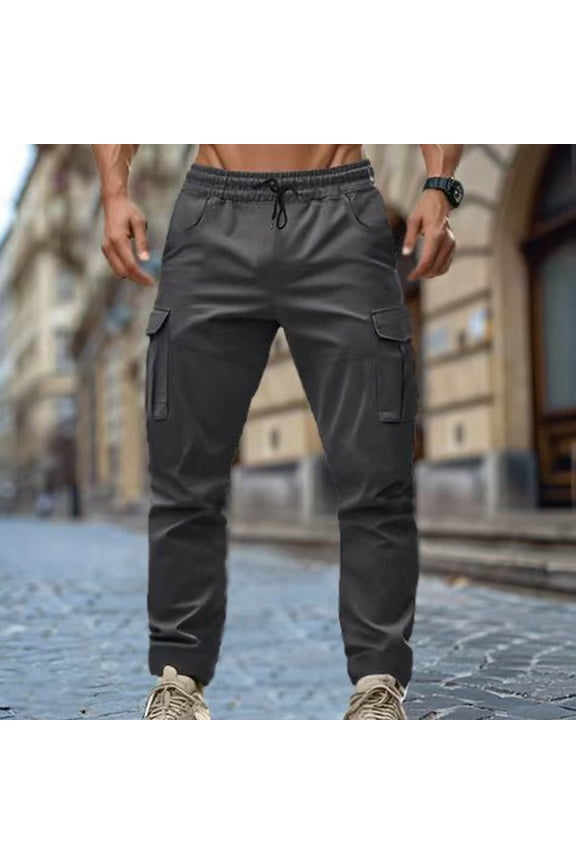 Clothes Men Solid Color Casual Fashion Vintage Drawstring Pockets Workwear Pants Gray S