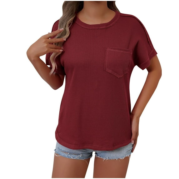 Abomasnow Women's Ribbed Tops 2025 Casual Short Sleeve Crew Neck Knit T-Shirts Summer Solid Color Tops with Front Pockets